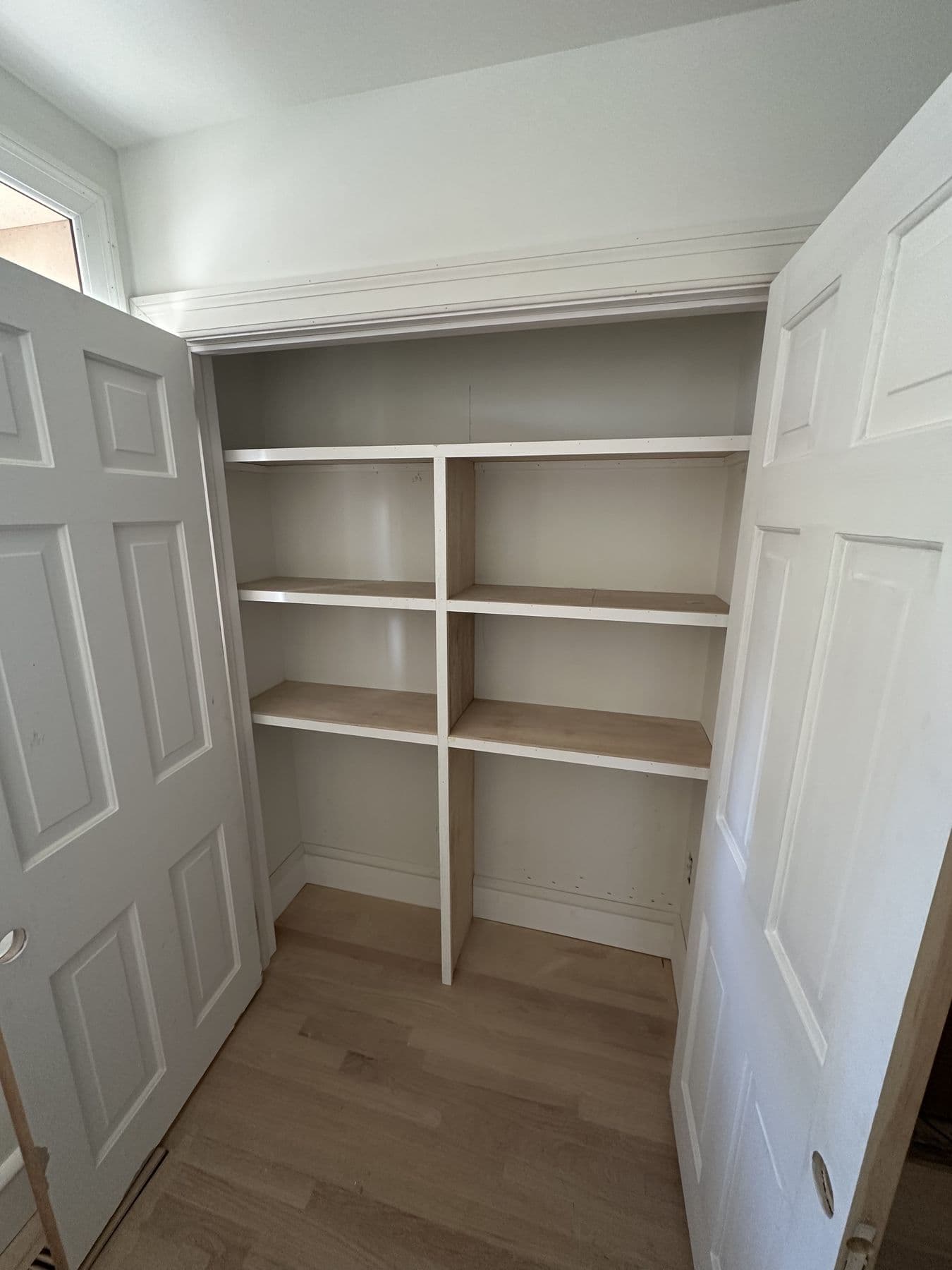 Closet with built-in shelving and a pair of panel doors