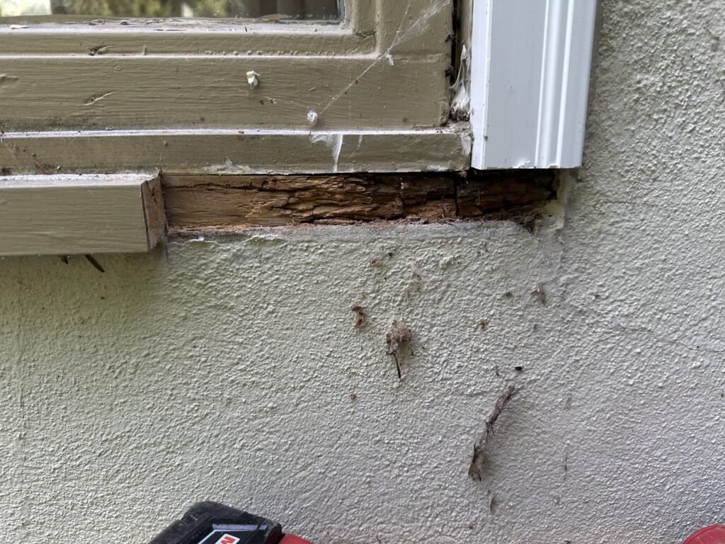 Rotted wood exposed beneath a window sill on a stucco wall before repair